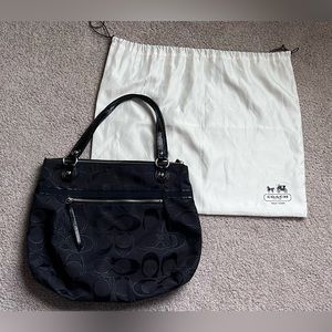Authentic Signature Coach Logo Black handbag with blue interior
